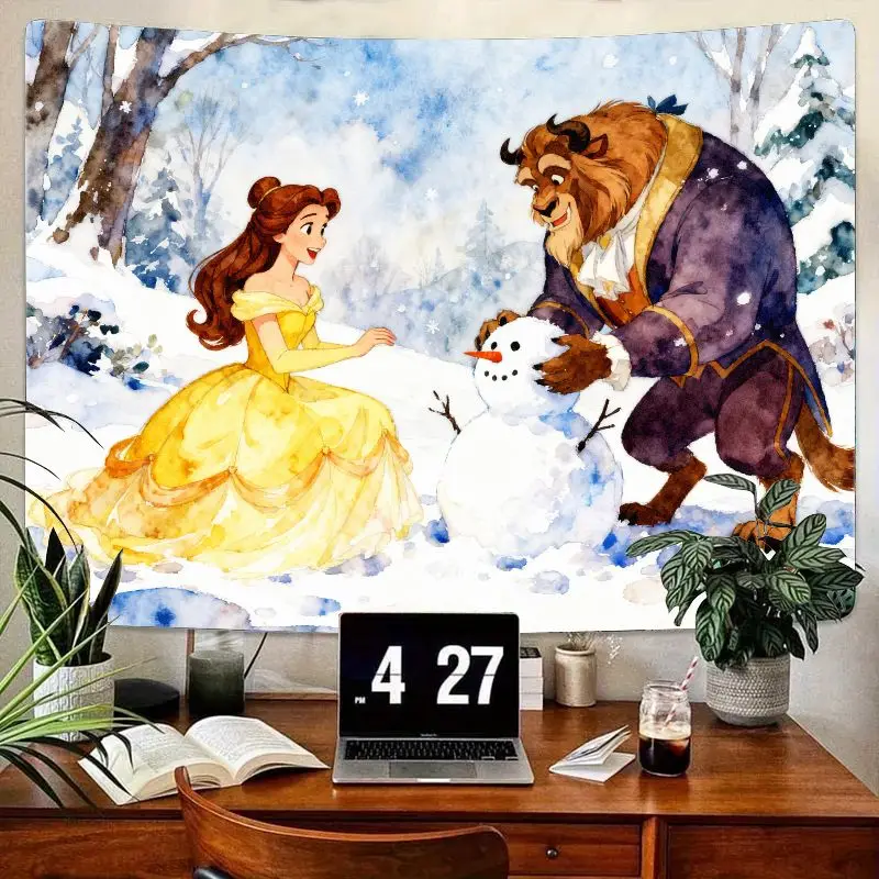 

1 шт. гобелен Belle & Beast Snowman, Зимняя страна чудес, акварель, полиэстер, настенное искусство для гостиной, спальни, подарок фанату принцессы