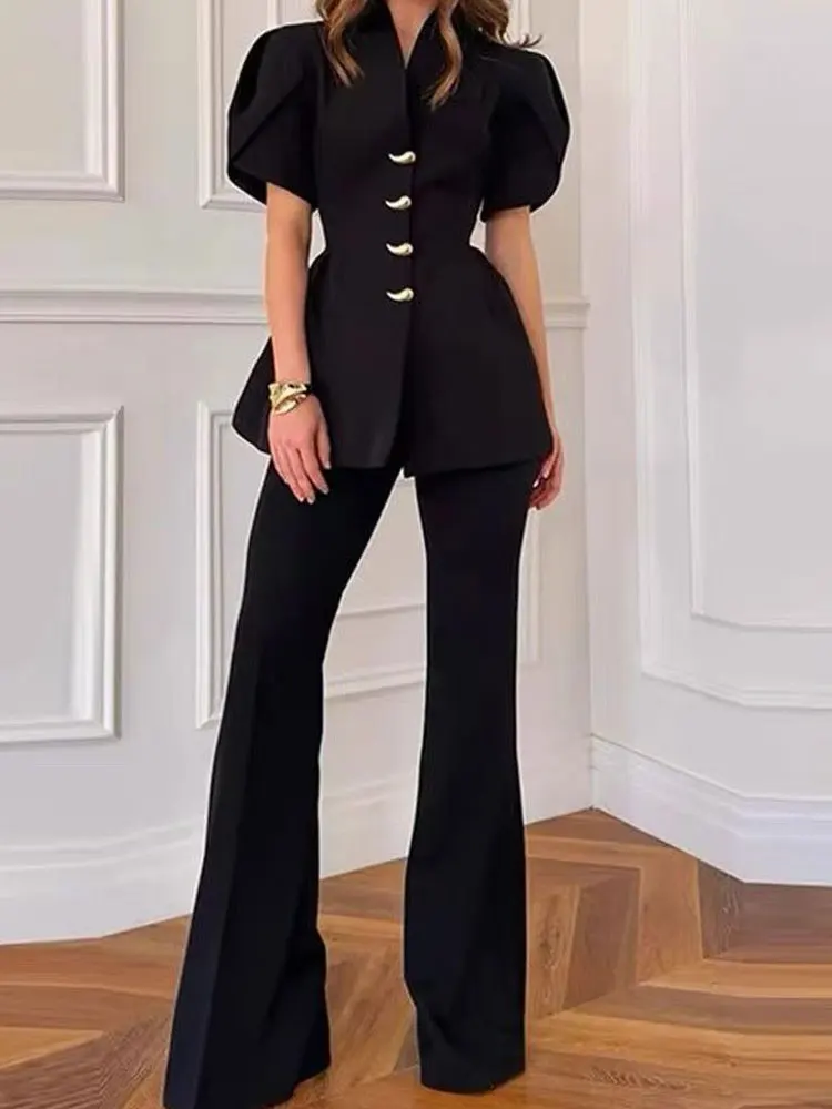 High-grade flower bud short sleeve design single-breasted waist jacket spring new two-piece suit+high waist straight trousers su