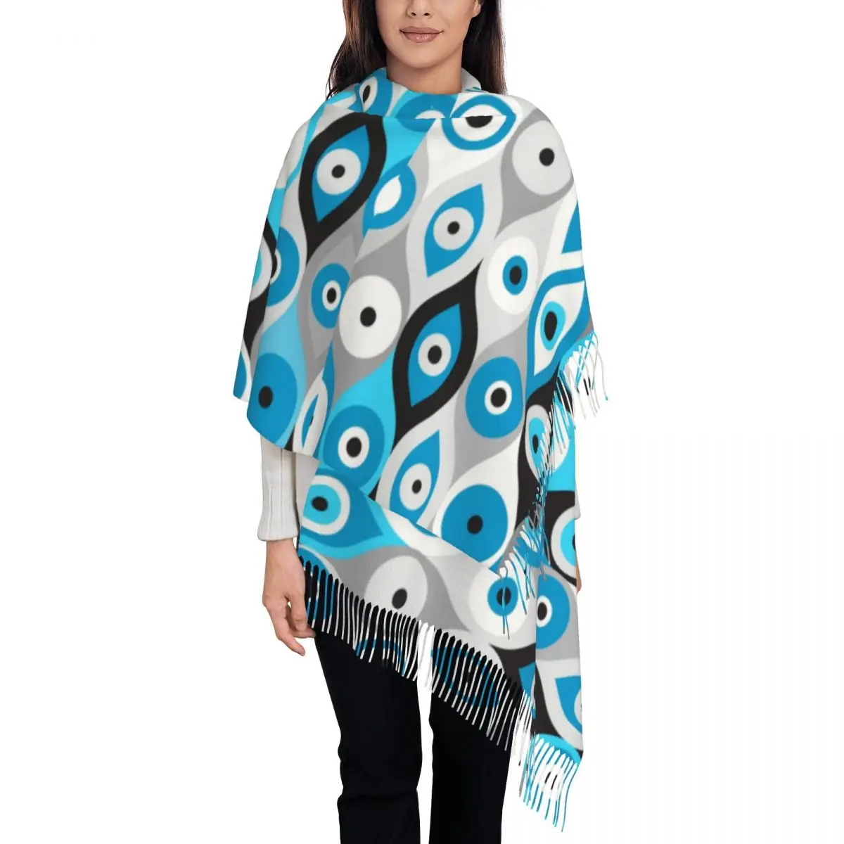 

Women's Scarf with Tassel Greek Evil Eye Large Winter Fall Shawl and Wrap Nazar Amulet Boho Gifts Pashmina Scarves