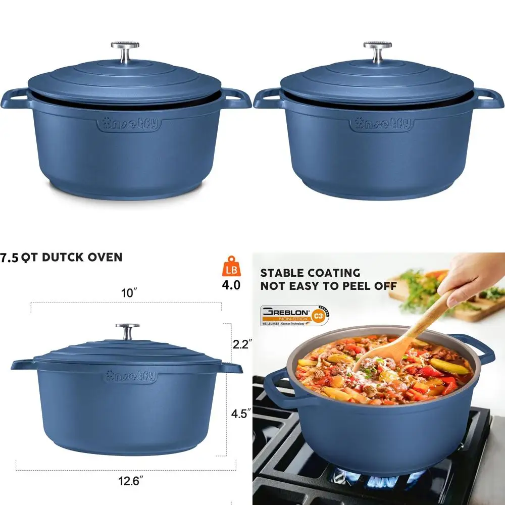 

7.5 Quart Cast Aluminum Dutch Oven with Lid and Dual Handles for Baking, Braising, and Roasting (Blue)