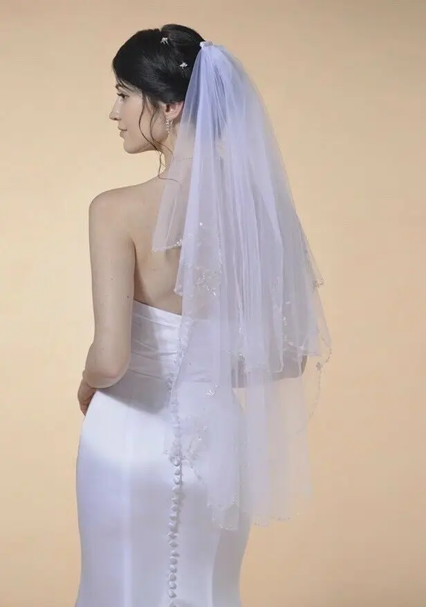 Bridal Wedding Ivory Veil 2 Tier Handmade Elbow Beaded With Comb Soft Tulle