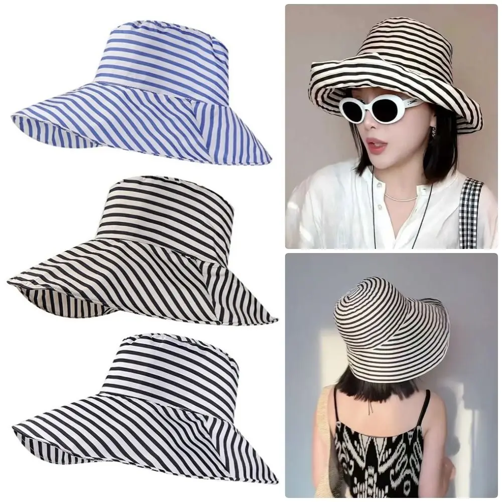 

1Pcs Durable Sunproof Striped Bucket Hat Foldable Big Head Circumference Sun Cap Retro Fashion Sunscreen Basin Hat Women
