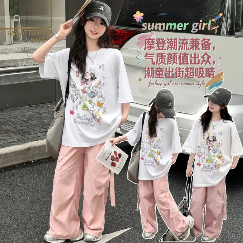 4-14 Girls' Pink Work Pants Printed T-shirt Fashion Trend Set