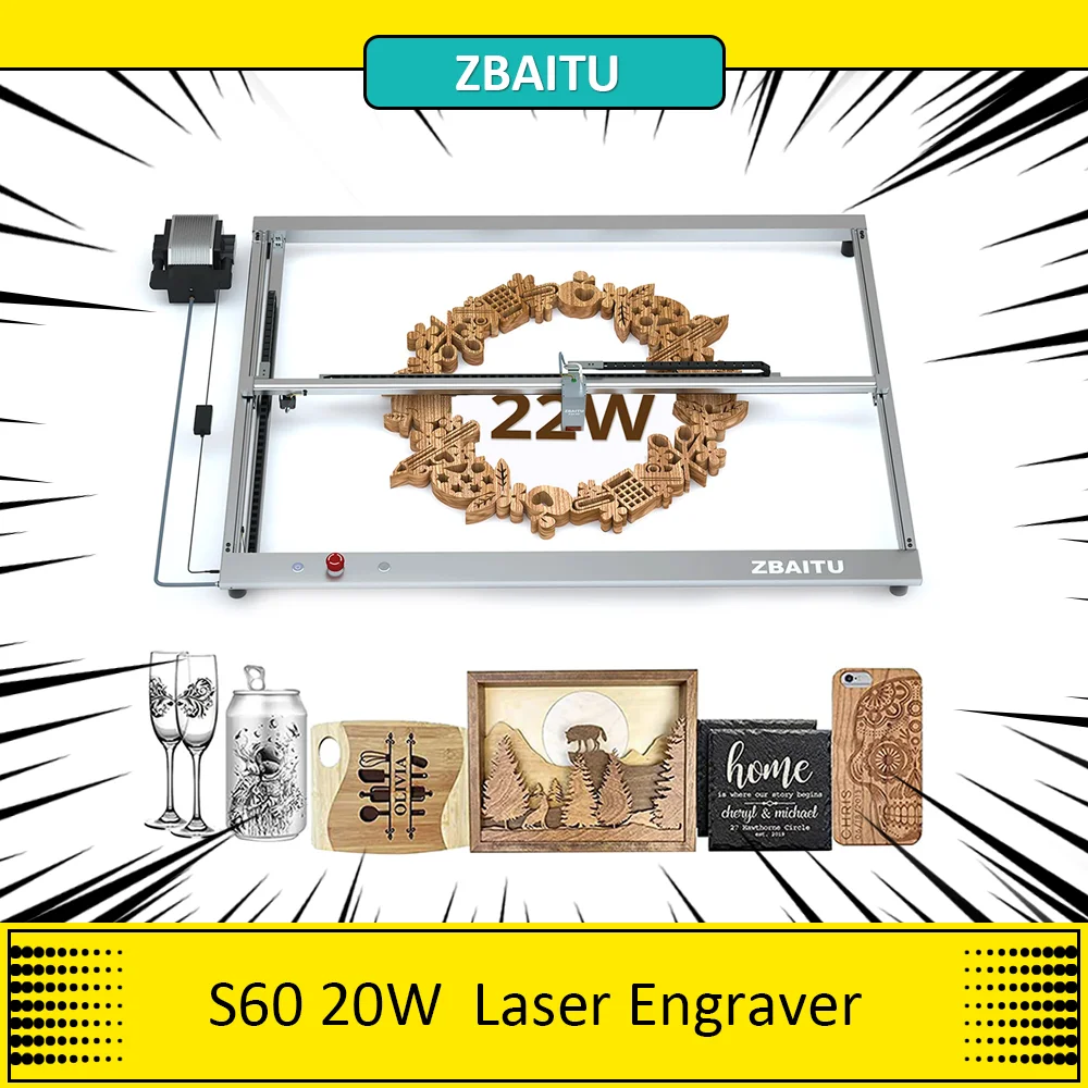 ZBAITU S60 20W Laser Engraver Cutter, 600mm/s Engraving Speed, Air Assist Nozzle, Emergency Stop Button,Eye Protection, 80x60cm