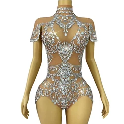 Sexy Stage Luxury Party Shining Rhinestones Nude Mesh Bodysuit Women Singer Dancer Club Vestido Stage Performance Costume