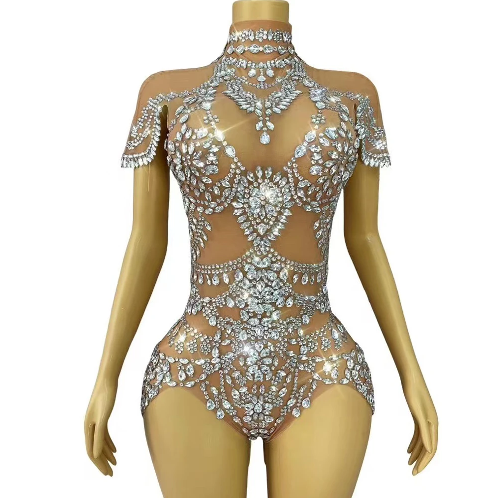 Sexy Stage Luxury Party Shining Rhinestones Nude Mesh Bodysuit Women Singer Dancer Club Vestido Stage Performance Costume