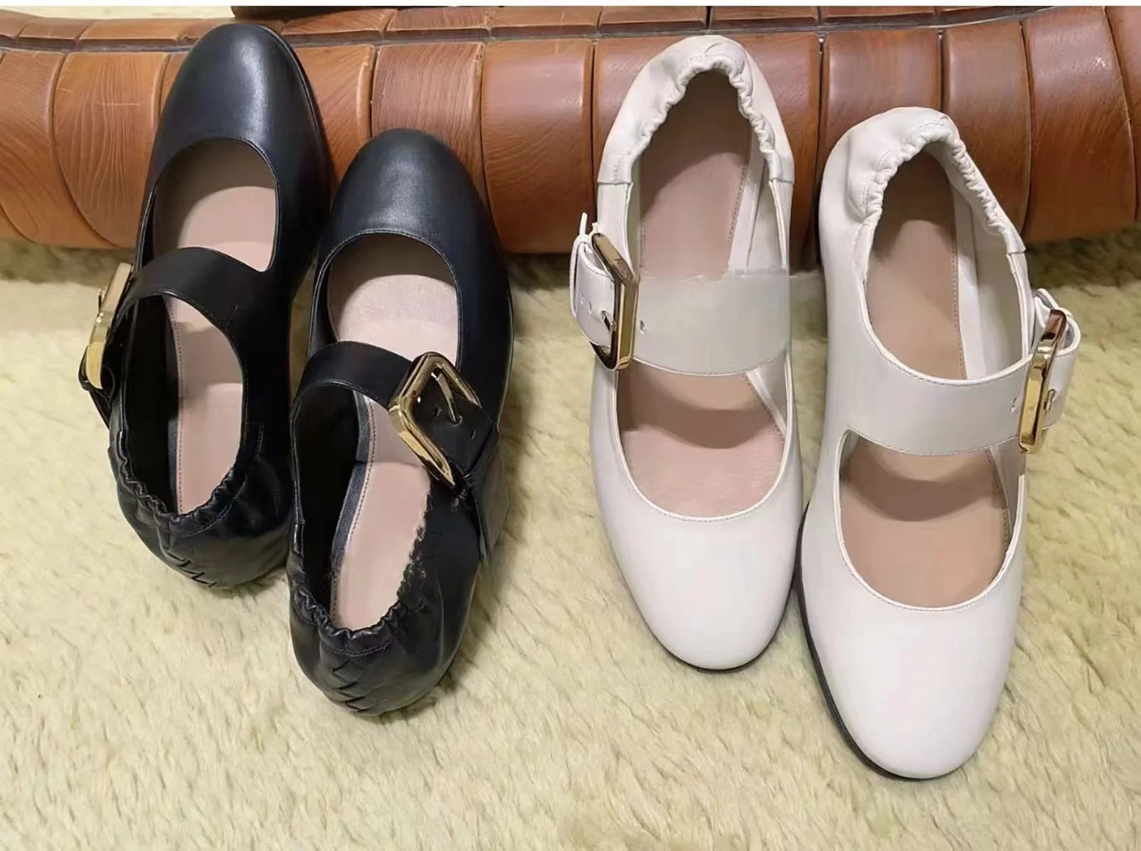 Black White Olive-green Round Toe Ballet Flats Mary Jane Shoes Big Size 43 Elegant Elastic Heel Buckle Luxury Women's Shoes