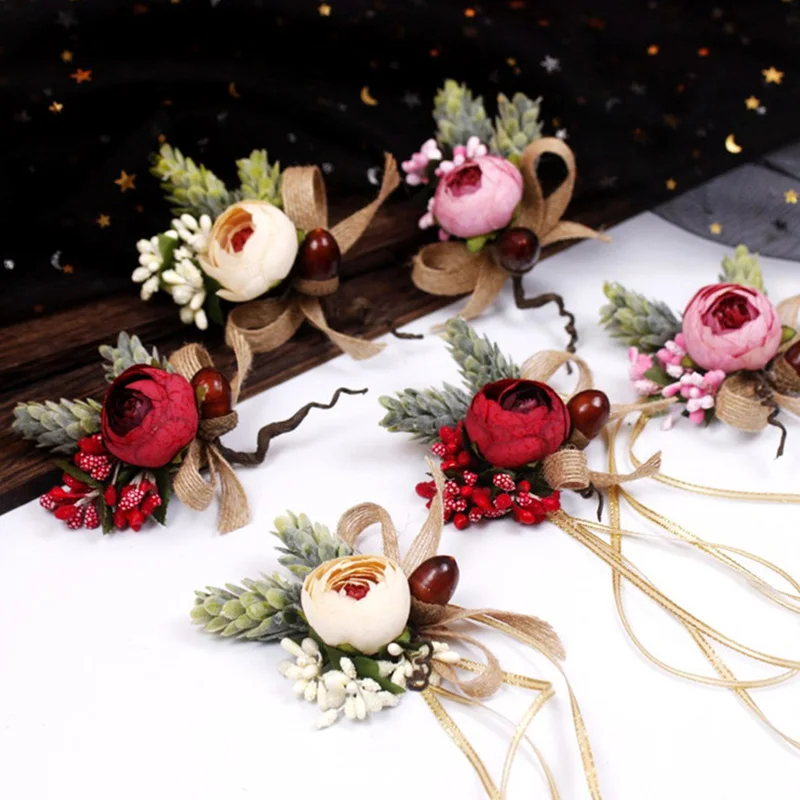 Girls Bridesmaid Wrist Flowers Faux Rose Bracelet Wedding Prom Party Boutonniere Bridal Hand Flowers Corsage Decor Accessories