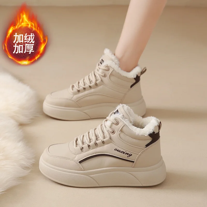 CRLAYDK Winter New Womens High Top Sneakers Fur Lining Warm Casual Lace Up Comfortable Tennis Shoes Classic Walking Botas