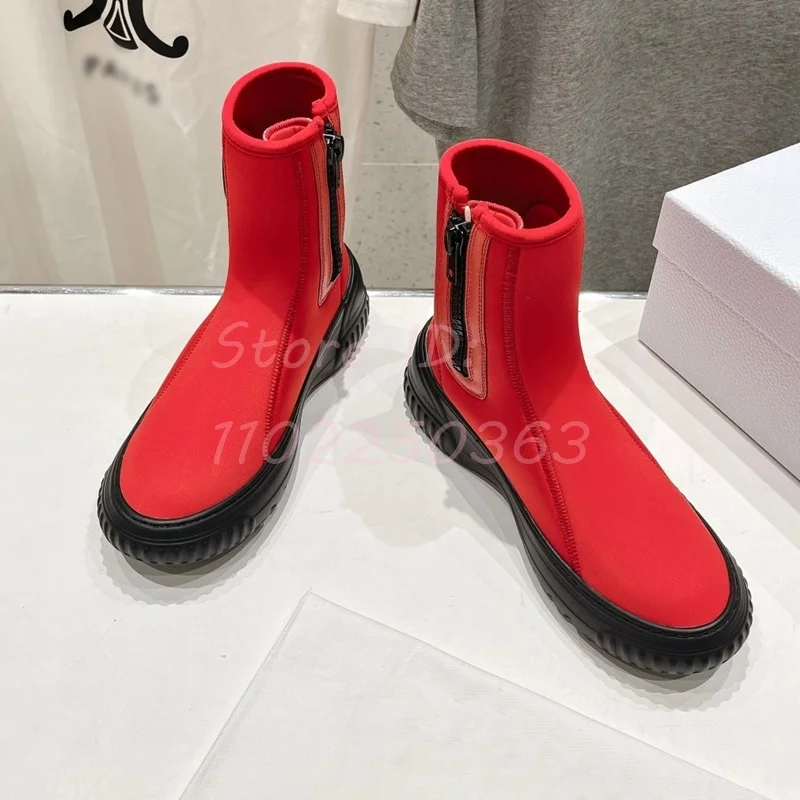 Red Back Zipper Ankle Boots Concise Round Toe Cloth Platform Stretch Boots 2024 Winter Women Fashion Casual Shoes Green Yellow