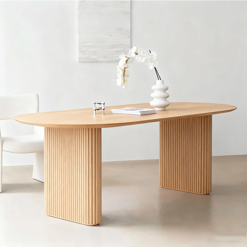 #MDF dining table with grooved legs, CE certified lightweight wood grain finish oval for European homes