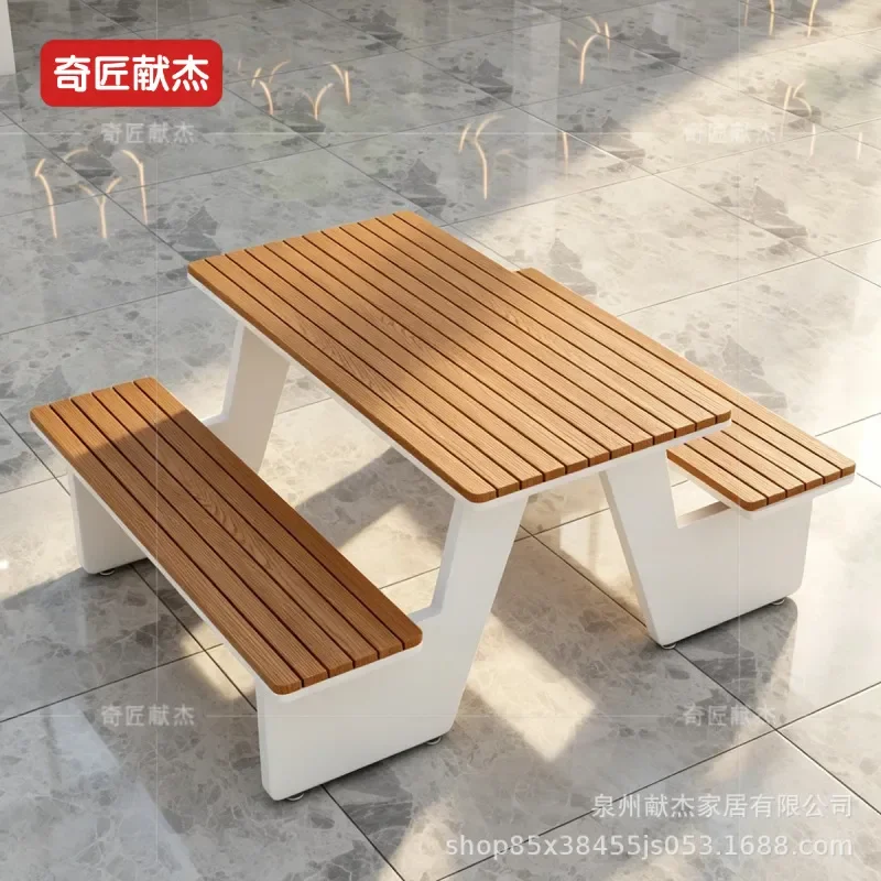 One Piece Plastic Wood Dining Table with Umbrella Hole Outdoor Anti Corrosion Leisure Table and Chair Set for Cafe Balcony