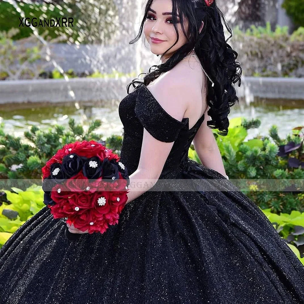 Maßgeschneiderte schwarze Quinceanera-Kleider 2024, glitzernde Nachtkönigin, schulterfrei, herzförmiger Schnür-Ballkleid, Vestidos de 15 Años 2025