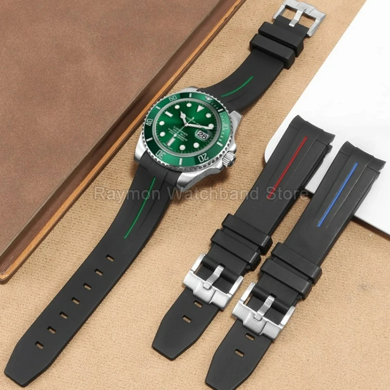For Rolex Black Green Submariner Daytona Seiko 20mm Silicone Watch Strap with Curved Contour Stainless Steel Clasp Black Green view 4