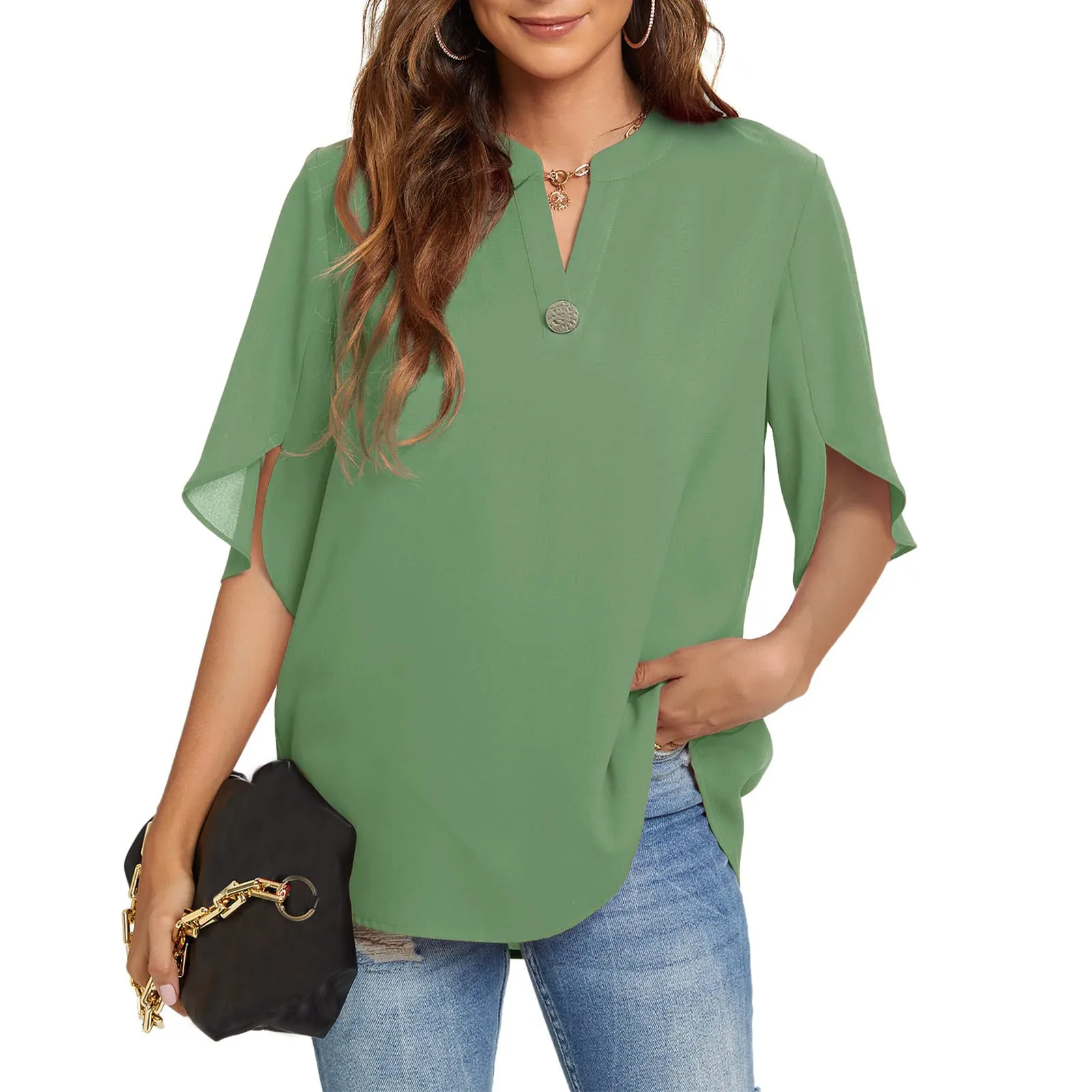 Elegant  Chiffon  Blouse Women V-neck Shirt solid Color Female's Blouse Bat Sleeves Shirts And Blouses Vacation Casual Blusas