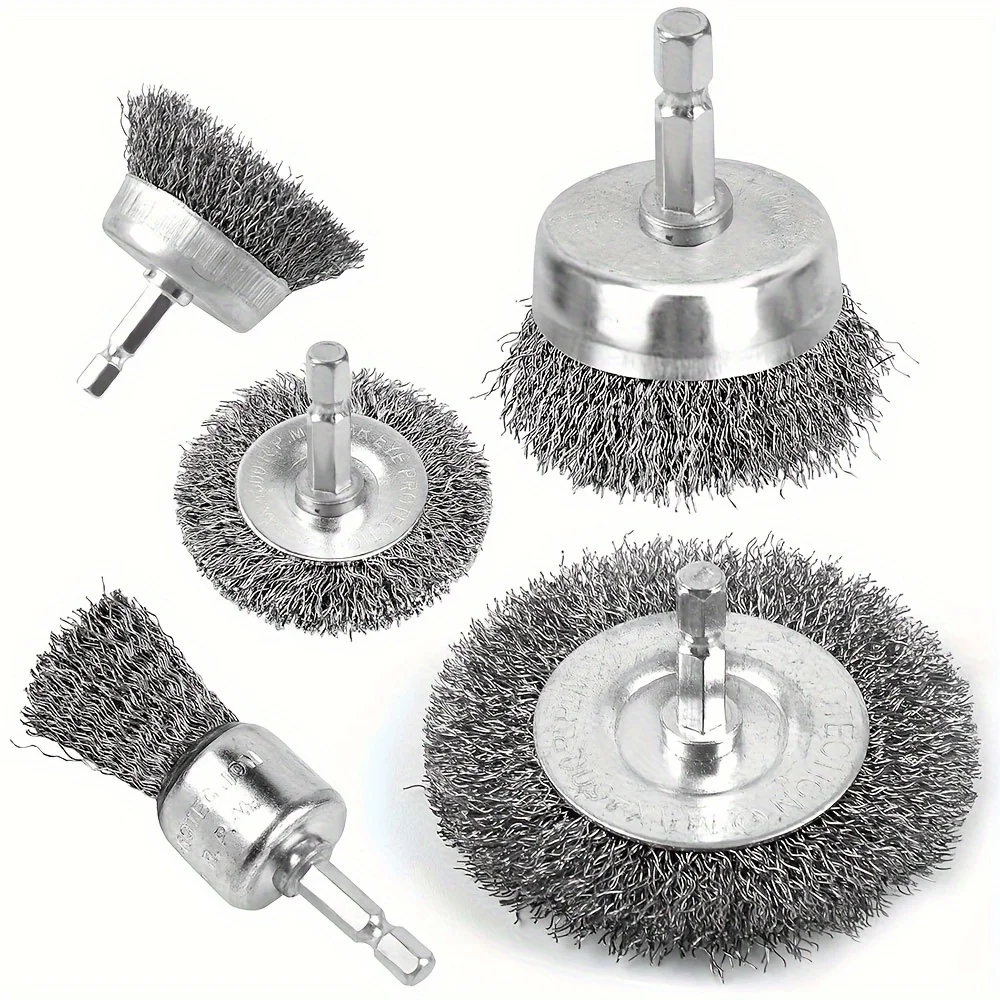 5 pcs/set Wire Brush Wheel Brush Drill Wire Brush for Drill 1/4 Inch Arbor for Cleaning Rust Stripping and Drill (Hexagonal)