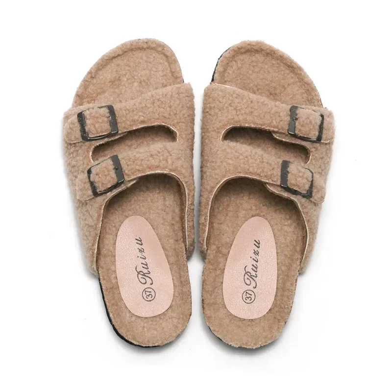 Women Fur Fluffy Clogs Slippers Winter Outdoor Warm Plush Cork Slippers Open Toe Furry House Slides With Arch Support