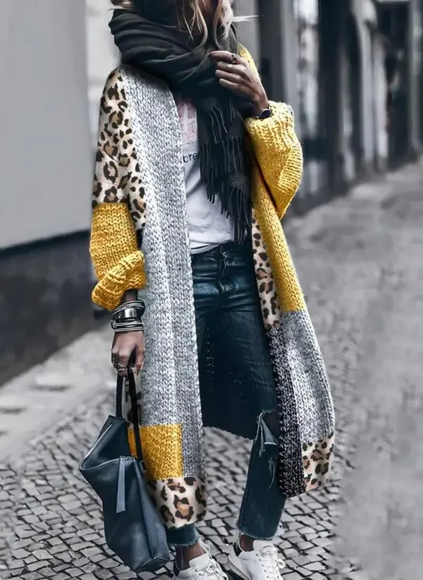 Women Sweaters Long Sleeve Turn Down Collar Print Jumpers High Street Cardigan Knitting Slight Strech Patchwork Loose Fit