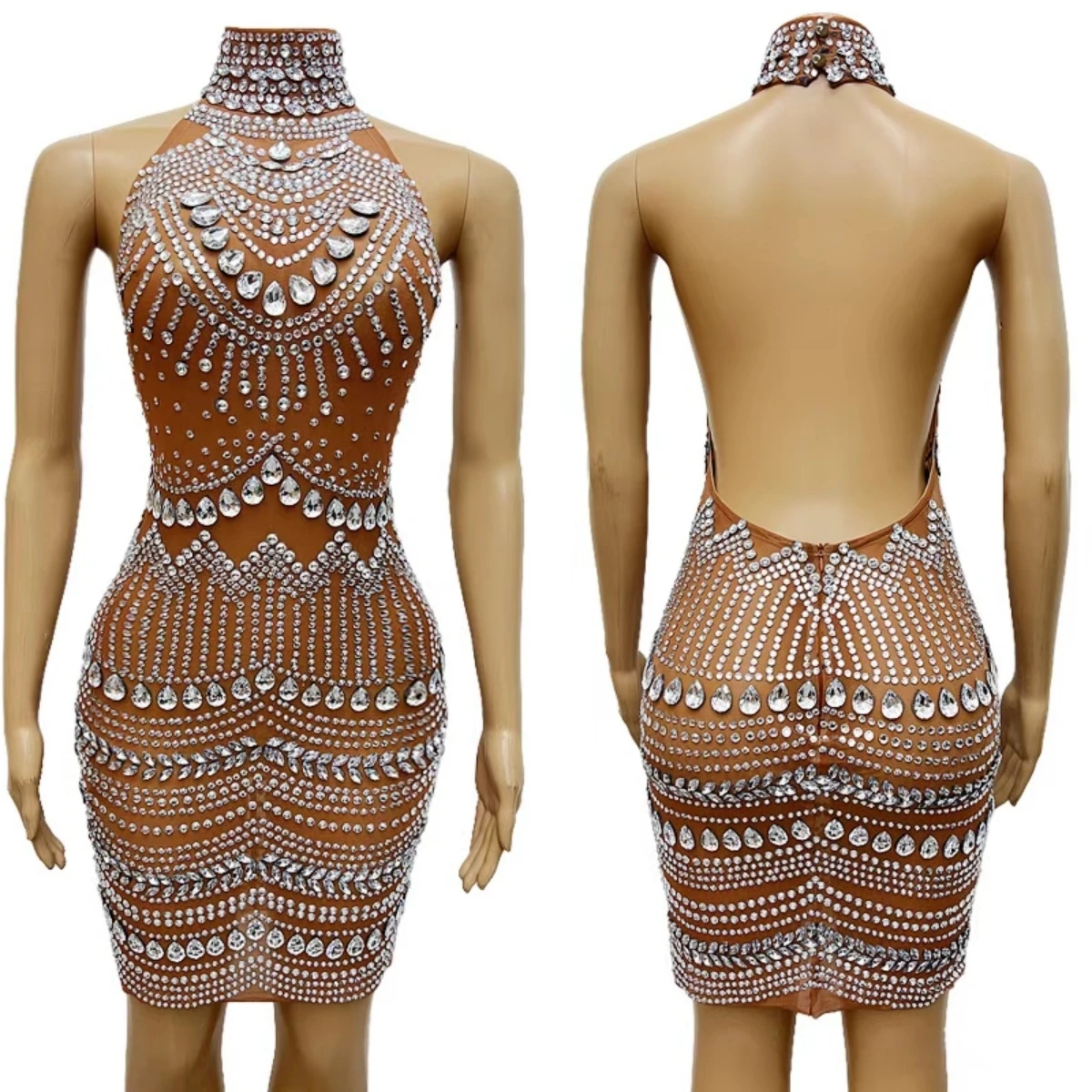 

Women Fashion Couture Sleeveless Mini Dress Prom Sparkly Rhinestone Sexy See Through Mesh Short Dress Club Party Outfit Dabolang
