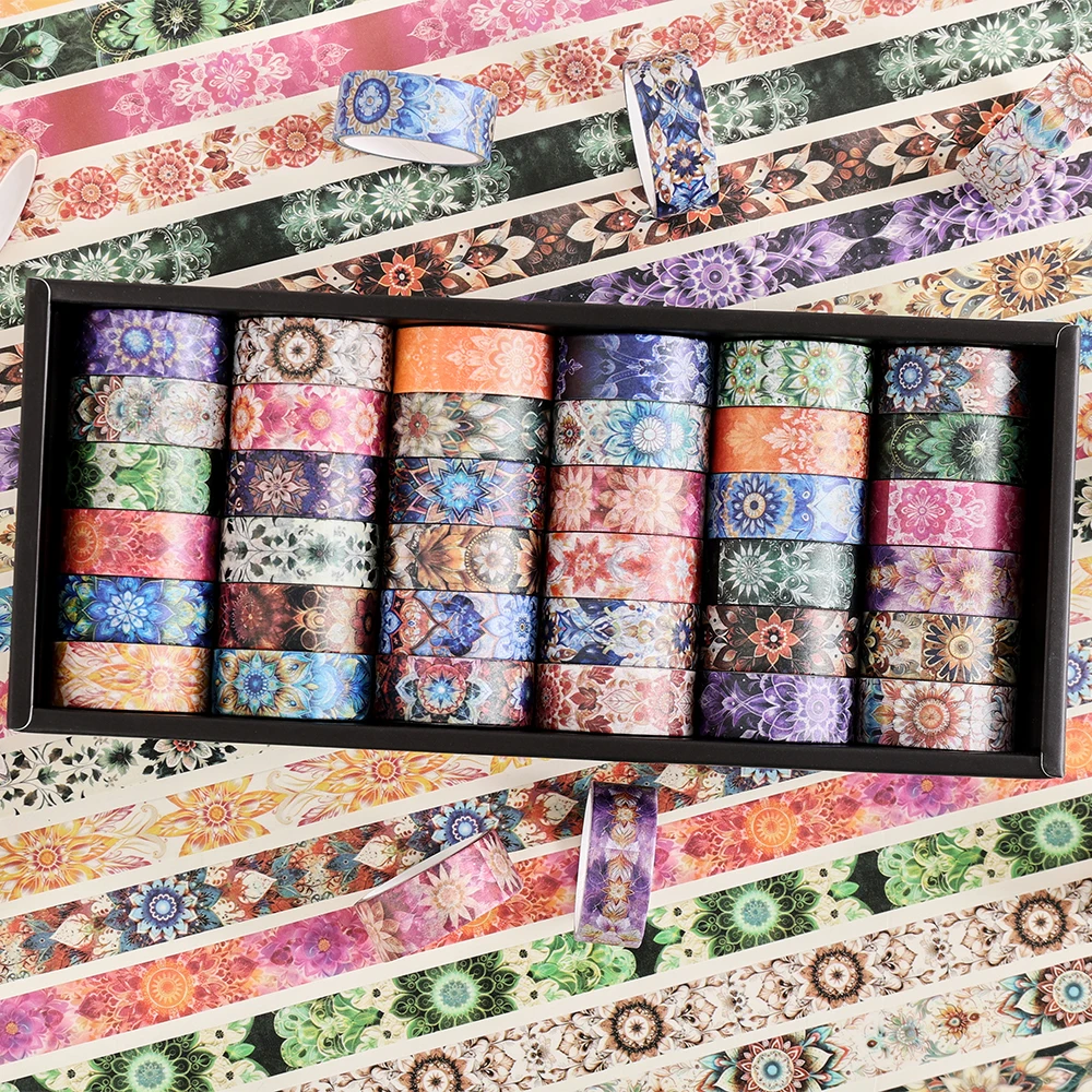 36 ロールヴィンテージマンダラ和紙テープカラフルなマンダラ花柄スクラップブッキングステッカーテープジャーナリングクラフト学校用