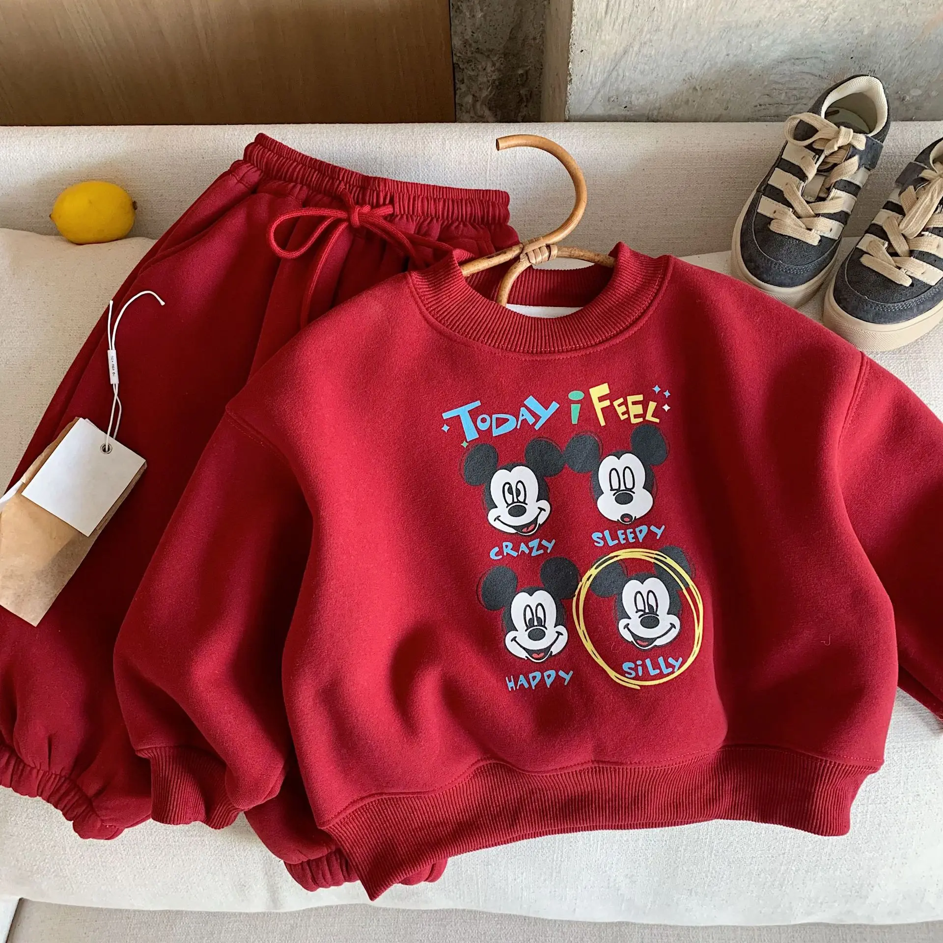 

Mickey Red Fleece 2 Pieces Set For Children Autumn Winter Korean Fashion Cartoon Print Christmas Kid's Sweatshirt Pants Sets