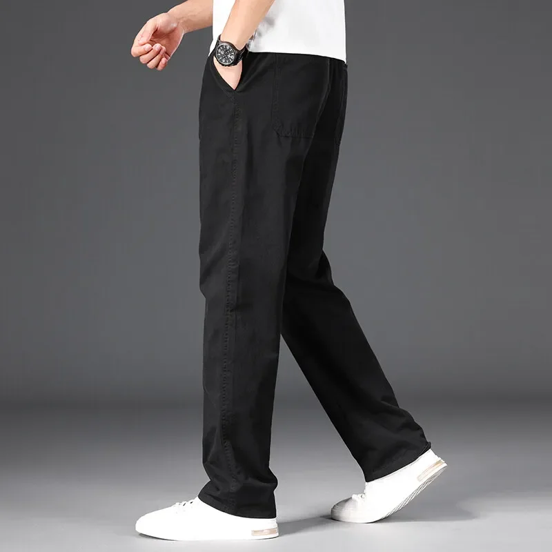 Men's Work Pants Made of Pure Cotton, Loose Fitting Straight Leg, Oversized Casual Pants with Elastic Waistband, Sports Pants