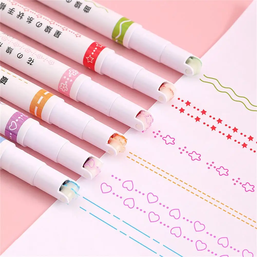 6Pcs Curve Pen Cute Pattern Writing Fluently Bright Color Roller Design Mark Roller Tip Curve Highlighter Liner Office Supplies