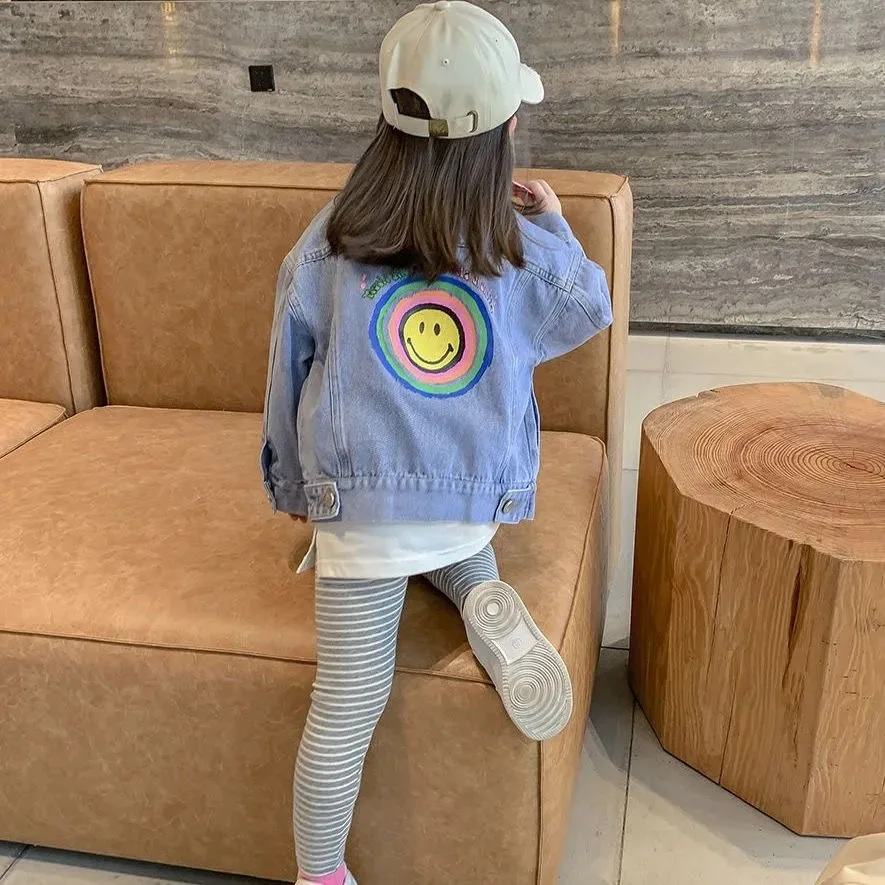 2-10 Years Old Spring Autumn Denim Girls Coat Smile Pattern Full Sleeve Windbreaker For Kids 2023 New Teenager Children Jacket