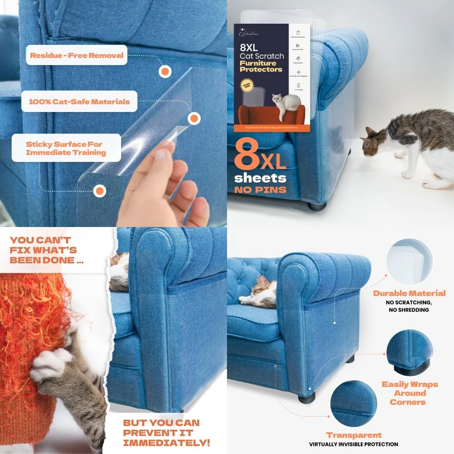 

Защита мебели от царапин для кошек для дивана и дивана — 8 листов XL с 64 контактами — прочная защита для домашних животных для защиты обивки