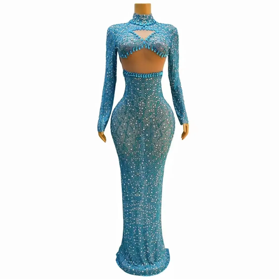 Sexy Full Diamond Mesh Perspective Long Sleeve Wrapped Hip Model Performance Dress Sparkling Nightclub Bar Singer Stage Costume