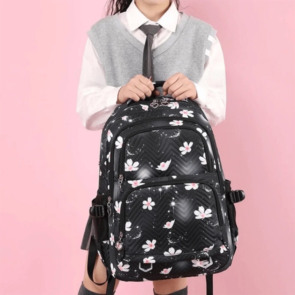 Cute Flower Printed Children Backpack Multiple Pockets Korean Style Shoulders Bag Large Capacity Nylon Student School Bag Girls