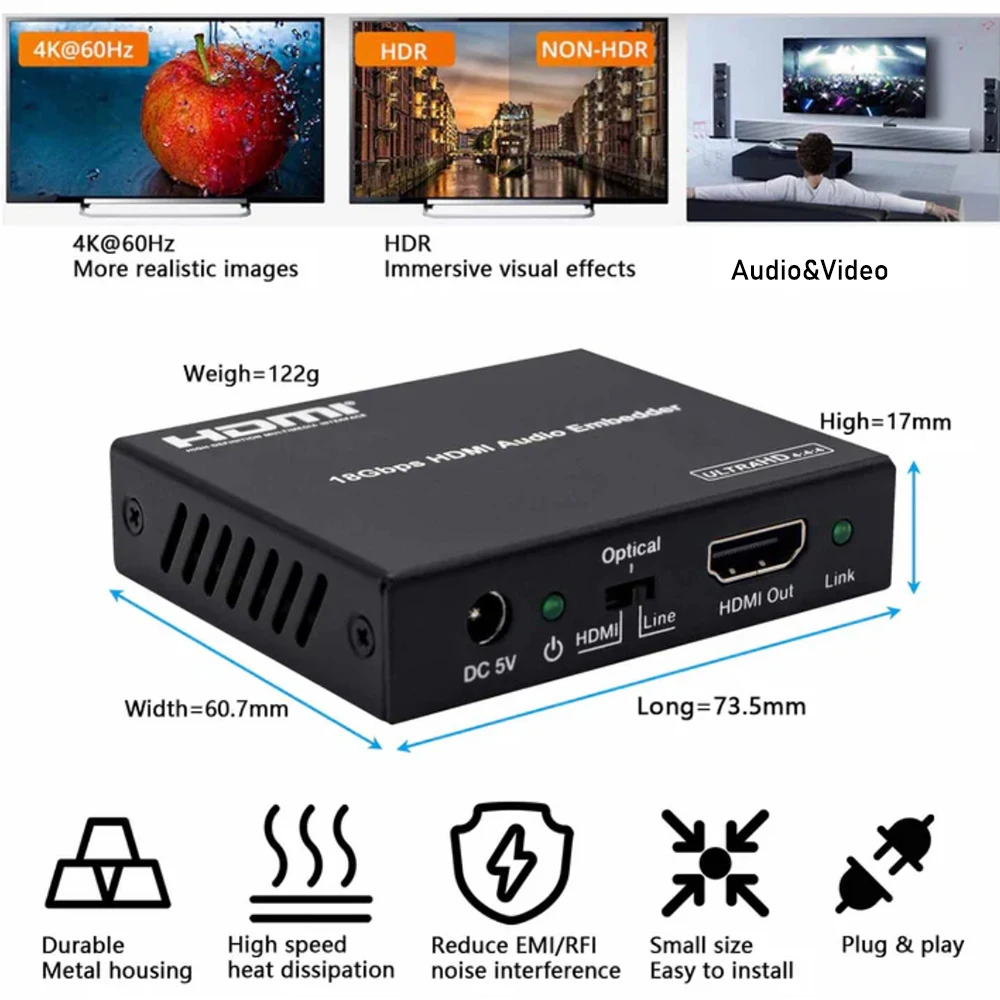 HDMI Audio Embedder 4K 60Hz HDMI 2.0 Audio Inserter HDMI+Aux+Digital toslink Audio to HDMI Converter HDMI 18Gbps Audio Embedder