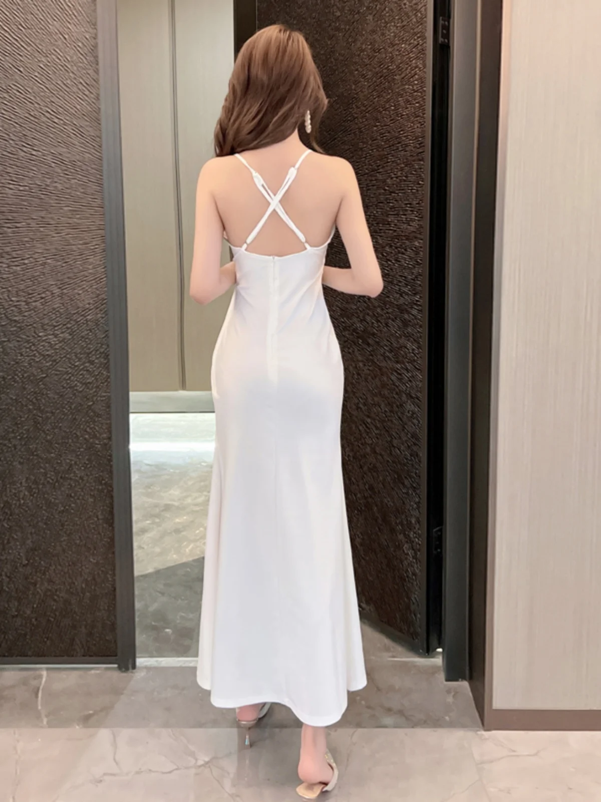 Vestido Largo Sexy con Escote Profundo en V y Abertura, Ropa de Trabajo para Club Nocturno, Vestido sin Tirantes, Tejido de P...