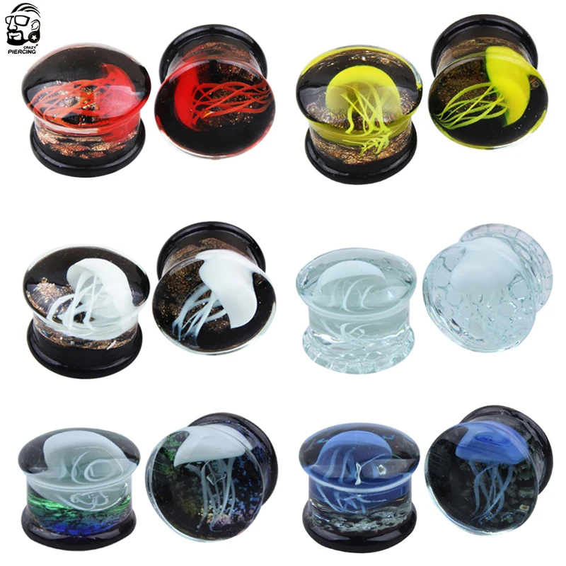 2pcs Glass Jellyfish Saddle Ear Plugs Inner Tooth Ear Gauges Auricle Screw Ear Plug Piercing Body Jewelry Ear Expander 8-16mm