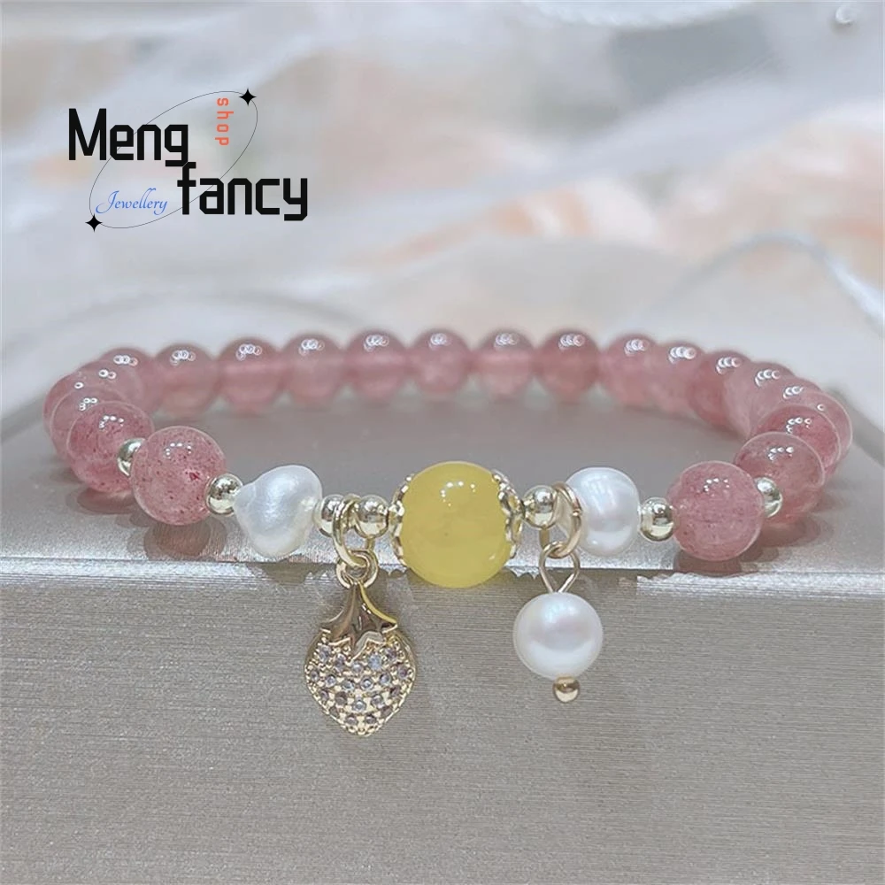 

Natural Strawberry Crystal Women Fashion Delicate Pearl Bracelet 6mm Peach Blossom Hand Popular Luxury Fine Jewelry Holiday Gift