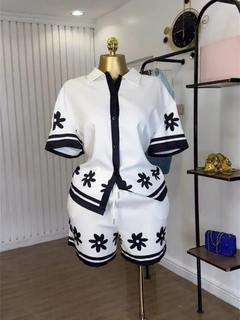 Streetwear Floral Print 2 Piece Sets Women Outfit Summer Clothes Women Short Sleeve Shirt Top + Shorts Sets Tracksuits Woman Set