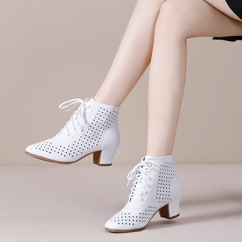 Women's Latin Dance Boots Square Heel Close Toe Ballroom Tango Performance Practice Dancing Shoes Women White Hollow Out
