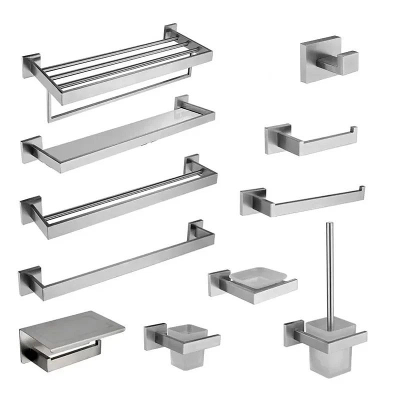Brushed Steel Bathroom Accessories SUS304 Stainless Steel Towel Rack Toilet Paper Holder Towel Bar Hook