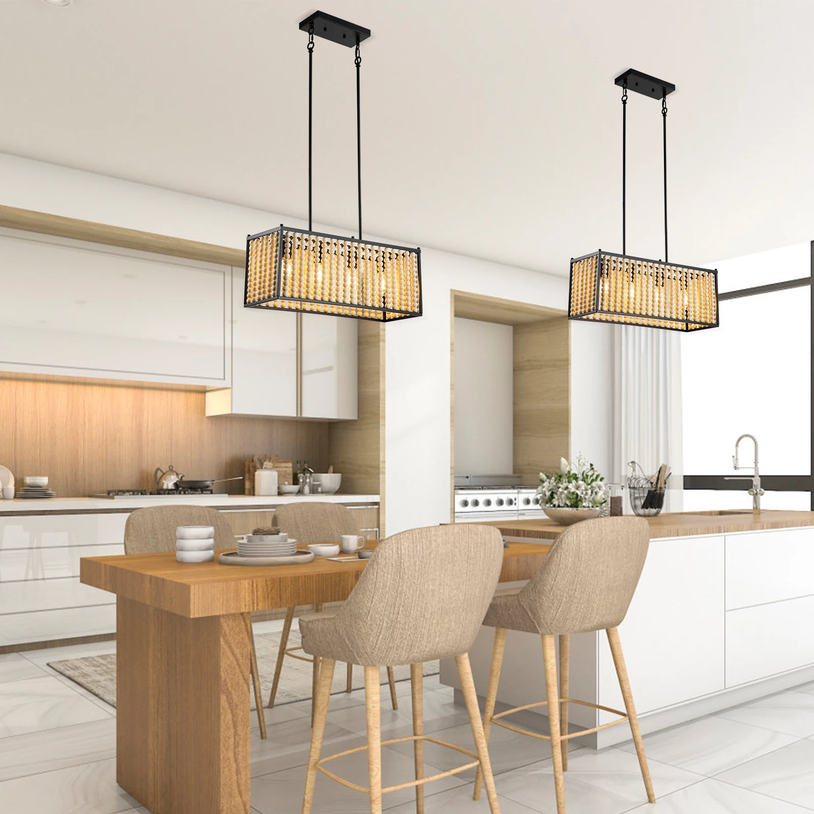 木製ビーズシャンデリア 4灯 24インチ ボヘミアンシーリングライト 高さ調節可能 20-44インチ リビングルーム ダイニングルーム 寝室用