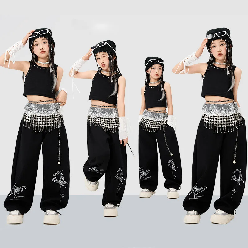 

Kid Kpop Hip Hop Clothing Black Rivet Crop Tank Top Casual Wide Lace Waist Sweat Pants for Girl Jazz Dance Wear Costume Clothes
