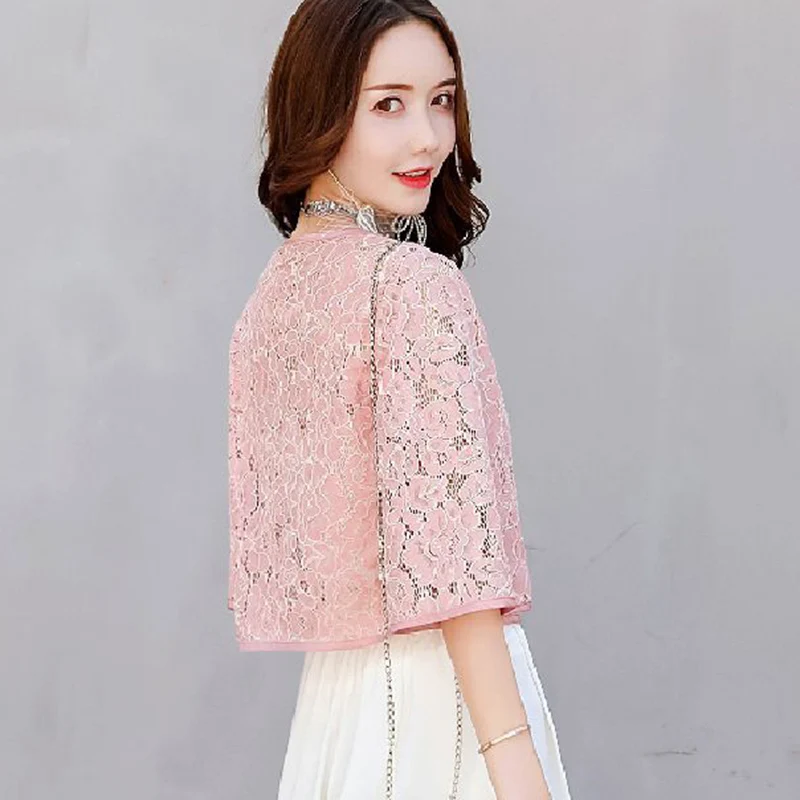 Rimocy 2024 Summer Flares Sleeve Lace Cardigan for Women Summer Lace Up Sunscreen Coat Female See Through Ice Silk Crop Tops