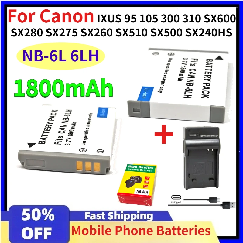1800mAh NB-6L 6LH NB6L NB-6LH NB6LH Battery Charger for Canon IXUS 95 105 300 310 SX600 SX280 SX275 SX260 SX510 SX500 SX240HS