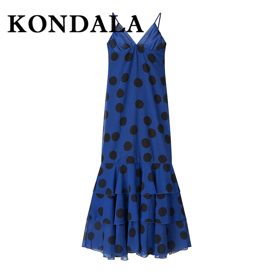 KONDALA Chic Polka Dot Elegant Long Blue Woman Dress Fashion 2025 Evening Part Cami Dress Fishtail Birthday Pleated Slim Vestido
