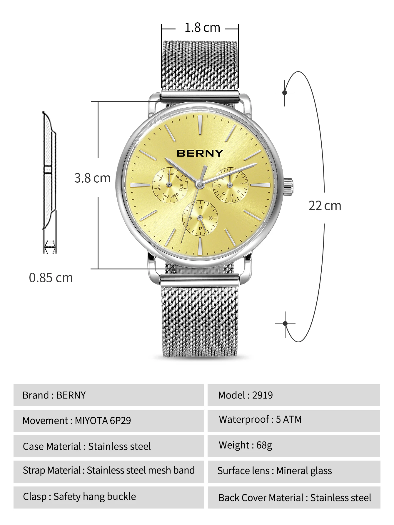 BERNY Herrenuhr mit Kalender und Wochenanzeige, moderner Stil, klassisch, elegant, schlanke Quarzuhr, Edelstahl 6P29 5ATM Armbanduhr – Detail 4