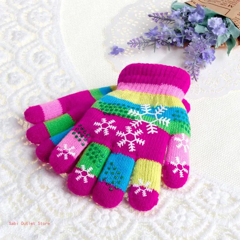 Autumn Winter Children Bi-layer Thickened Snow Print Colored Yarn Knit Gloves