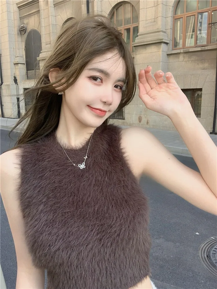 Mink Fur Vest For Women In Autumn Winter, Sexy Sleeveless Furry Short Top, Soft And Sticky, With Plush Bottom Layer