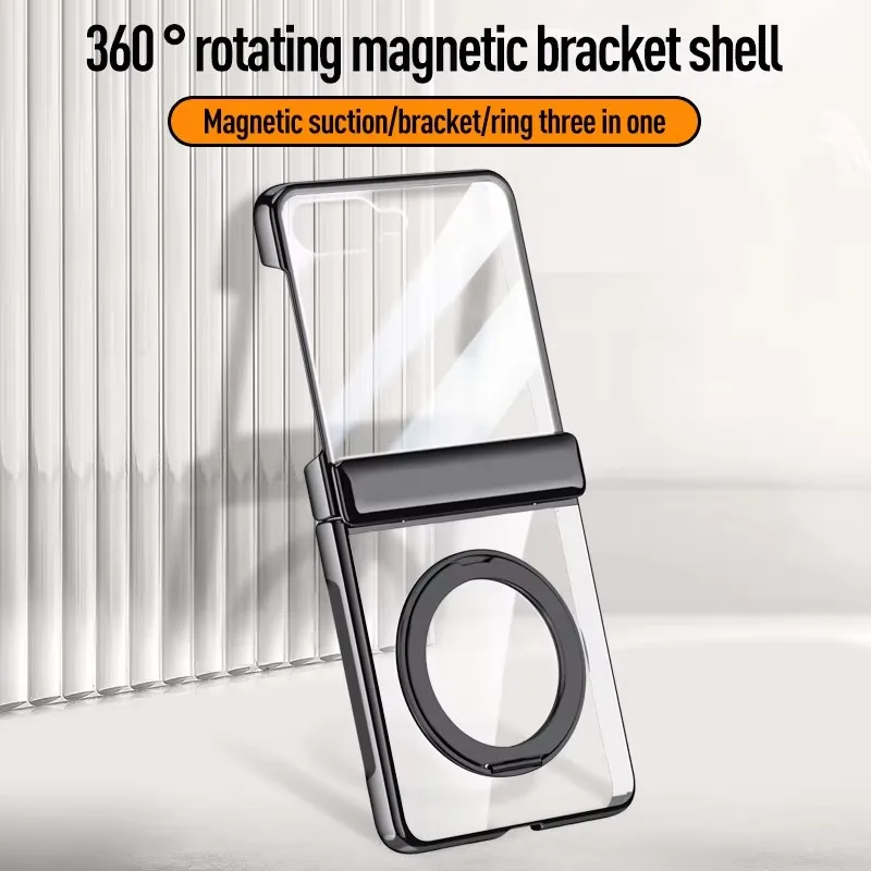 Magsafe Case Electroplating Clear For Samsung Galaxy Z Flip 7 Hinge Magnetic Rotating Ring Holder With Screen Protect Film Cover