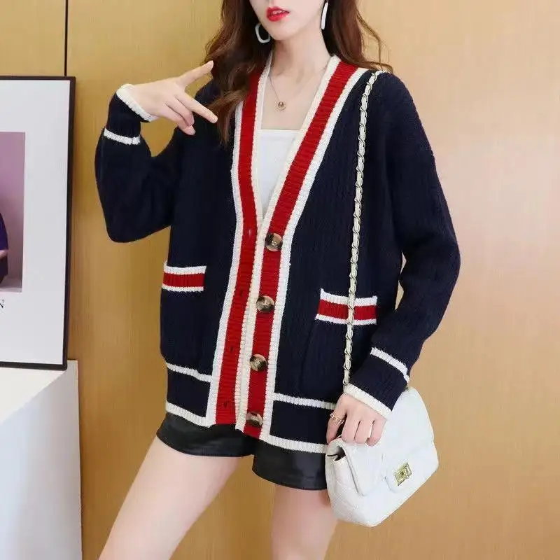 Women\'s Clothing Korean Fashion Contrast Color Chic Button Cardigan Female Casual V Neck Long Sleeve Loose Knitted Sweater Coats