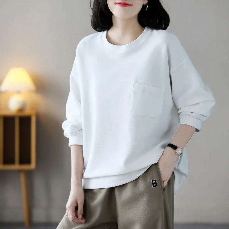 

Spring Autumn New Round Neck Long Sleeve Fashion Sweatshirts Women High Street Solid Color Pure Cotton Pullovers Elegant Tops