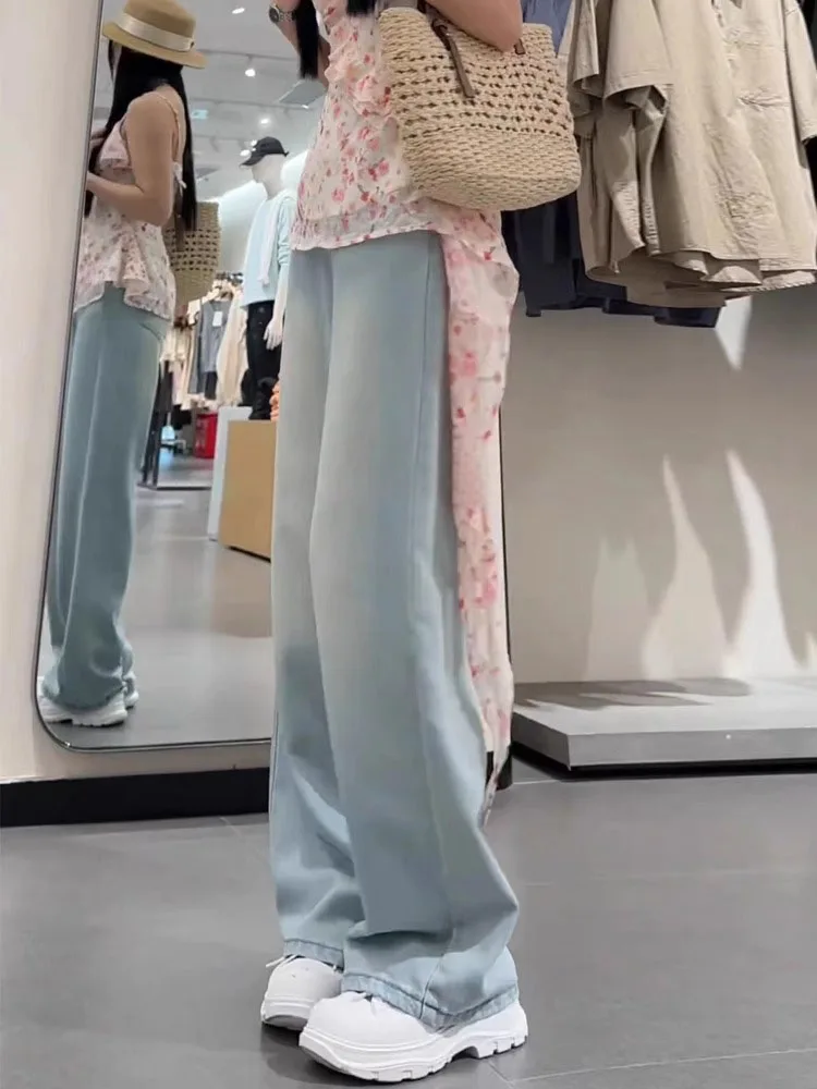 جينز حريري عالي الخصر وواسع الساق للنساء بنطال جينز ضيق مستقيم وفضفاض من الحرير الجليدي للخريف مقاس كبير جينز رقيق المظهر